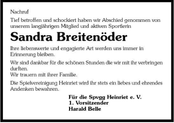 Traueranzeige von Sandra Breitenöder 