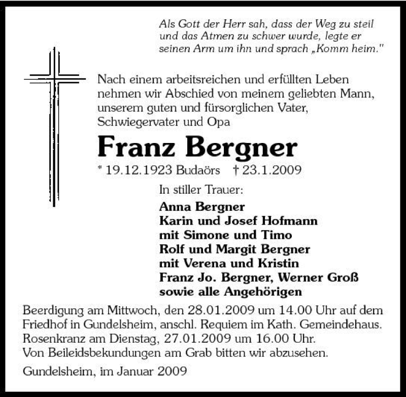  Traueranzeige für Franz Bergner vom 27.01.2009 aus 