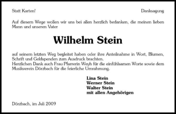Traueranzeige von Wilhelm Stein 