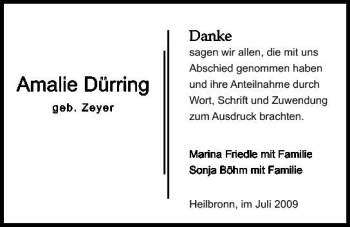 Traueranzeige von Amalie Dürring 