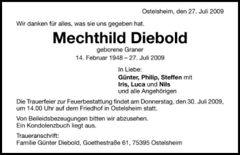 Traueranzeige von Mechthild Diebold 