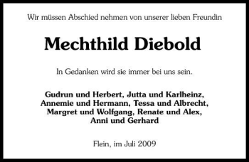 Traueranzeige von Mechthild Diebold 