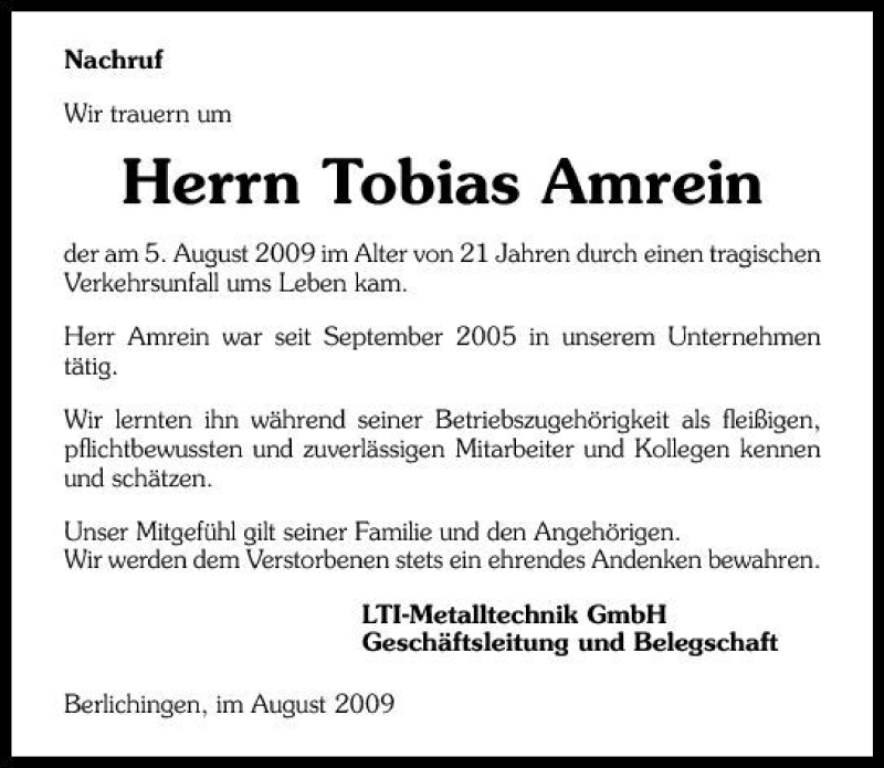  Traueranzeige für Tobias Amrein vom 10.08.2009 aus 