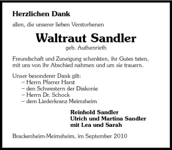 Traueranzeige von Waltraud Sandler 