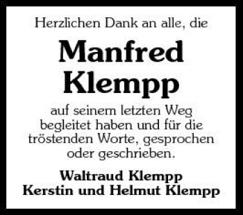 Traueranzeige von die Manfred Klempp auf seinem letzten W Herzlichen Dank allen 