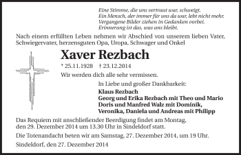 Traueranzeige von Xaver Rezbach 