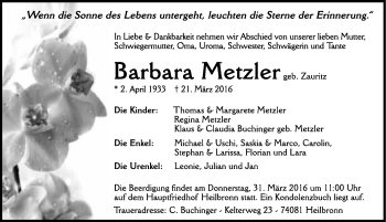 Traueranzeige von Barbara Metzler 