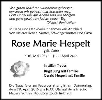 Traueranzeige von Rose Marie Hespelt 