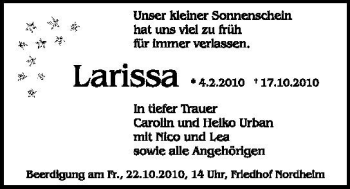 Traueranzeige von Larissa Larissa 