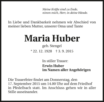 Traueranzeige von Maria Huber 