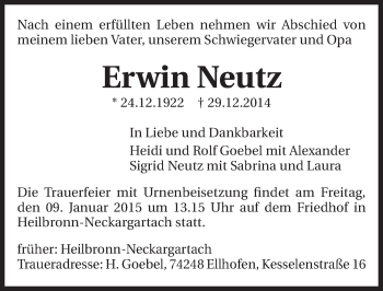 Traueranzeige von Erwin Neutz 