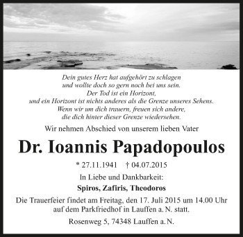 Traueranzeige von Ioannis Papadopoulos 