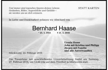 Traueranzeige von Bernhard Haase 