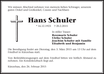 Traueranzeige von Hans Schuler 