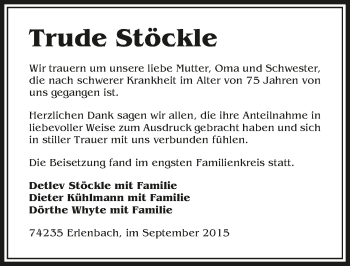 Traueranzeige von Trude Stöckle 