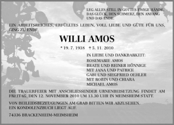 Traueranzeige von Willi Amos 