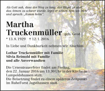 Traueranzeige von Martha Truckenmüller 