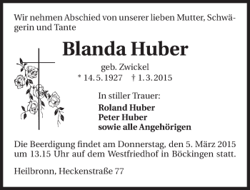 Traueranzeige von Blanda Huber 