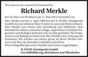 Traueranzeige von Richard Merkle 