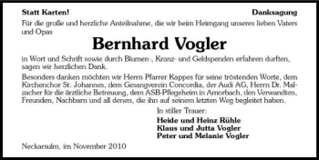 Traueranzeige von Bernhard Vogler 