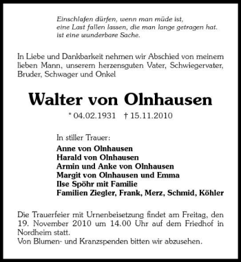 Traueranzeige von Walter von Olnhausen 