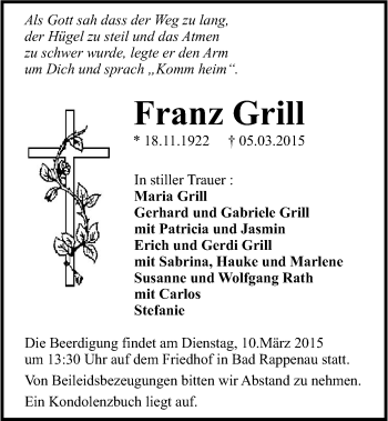 Traueranzeige von Franz Grill 