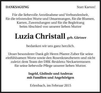 Traueranzeige von Luzia Christall 