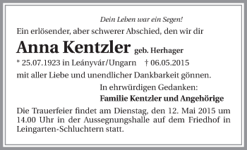 Traueranzeige von Anna Kentzler 