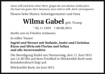 Traueranzeige von Wilma Gabel 