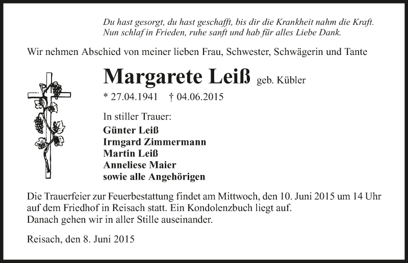  Traueranzeige für Margarete Leiß vom 08.06.2015 aus 