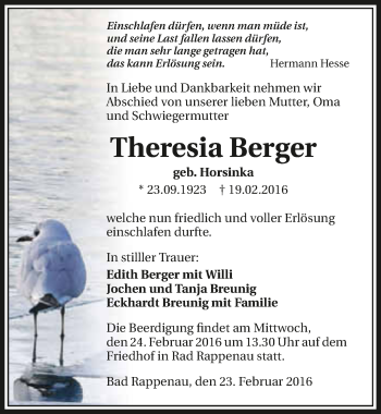 Traueranzeige von Theresia Berger 