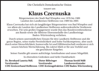 Traueranzeige von Klaus Czernuska 