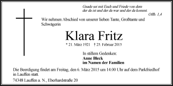 Traueranzeige von Klara Fritz 