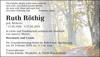 Traueranzeige von Ruth Röthig 