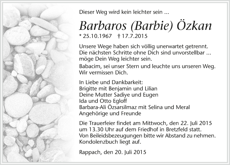  Traueranzeige für Barbaros Özkan vom 20.07.2015 aus 