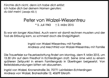 Traueranzeige von Peter von Walzel-Wiesentreu 