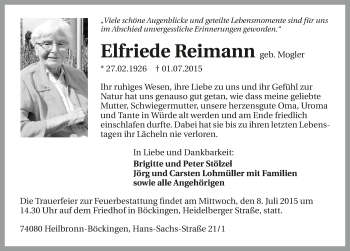 Traueranzeige von Elfriede Reimann 