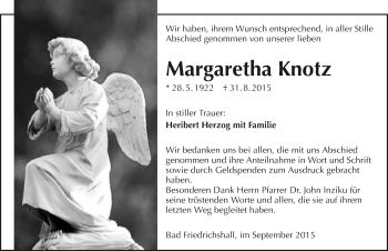 Traueranzeige von Margaretha Knotz 