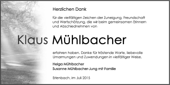 Traueranzeige von Klaus Mühlbacher 