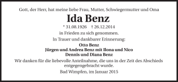 Traueranzeige von Ida Benz 