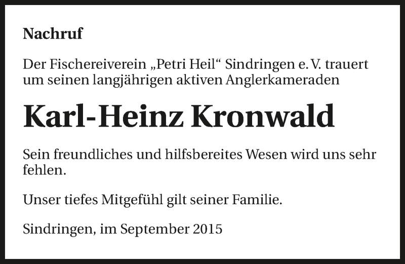  Traueranzeige für Karl-Heinz Kronwald vom 05.09.2015 aus 