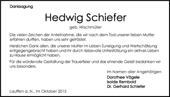 Traueranzeige von Hedwig Schiefer 