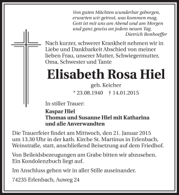 Traueranzeige von Elisabeth Rosa Hiel 