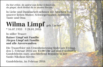 Traueranzeige von Wilma Limpf 