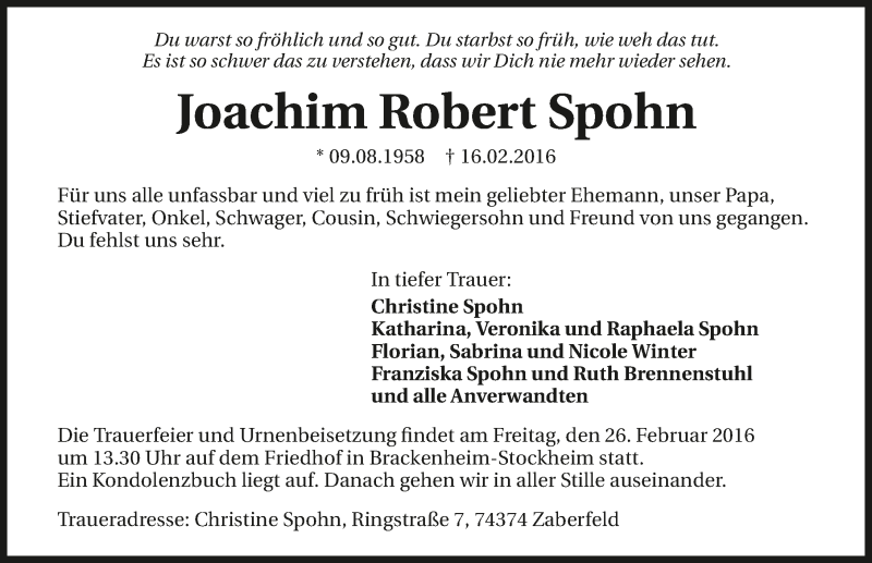  Traueranzeige für Joachim Robert Spohn vom 22.02.2016 aus 