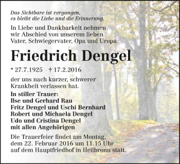 Traueranzeige von Friedrich Dengel 