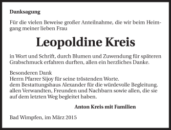 Traueranzeige von Leopoldine Kreis 