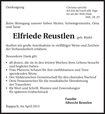 Traueranzeige von Elfriede Reustlen 