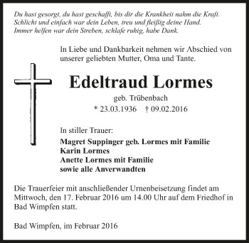 Traueranzeige von Edeltraud Lormes 