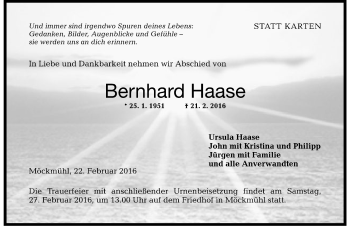 Traueranzeige von Bernhard Haase 